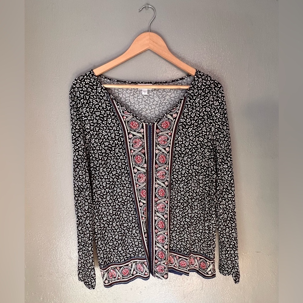 J. Jill Black Floral Long Sleeve Top with Pink Accents
